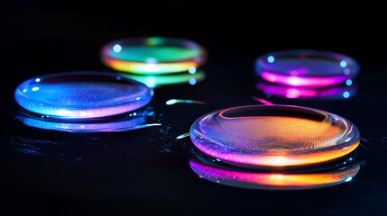 Abstract background with neon soap bubbles, rainbow colorful iridescent glass balls or spheres on black backdrop. Water foam, shiny bright soapy circles graphics, Realistic 3d vector illustration