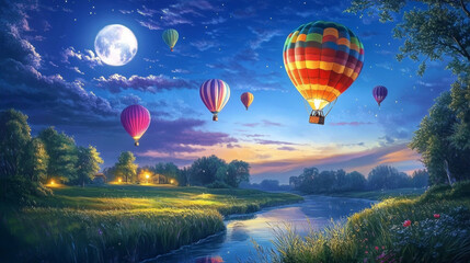 Obraz premium Summer landscape with flying hot air balloons, fields, trees and river at night. Vector cartoon illustration of countryside with moon in sky and colorful airships with baskets fly over meadows