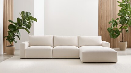 Modern Minimalist Living Room with a Spacious White Couch Surrounded by Lush Green Plants and Stylish Wood Paneling Elements for Contemporary Decor