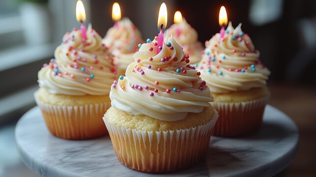 Birthday Cupcakes with Candles and Confetti Sprinkles