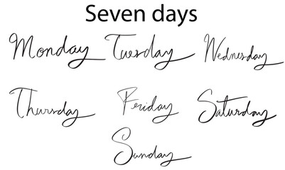 Sevens day monday tuesday wednesday thursday friday saturday sunday calligraphy script written hand lettering week month logo banner graphic support holiday schedule calendar event paln sevens day art