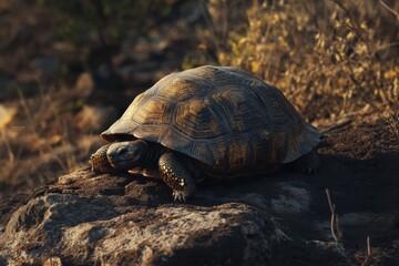 Galapagos tortoise with textured shell moving on volcanic rocks