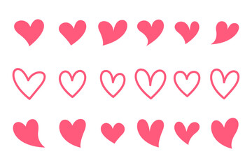Set of pink hearts, stylized hearts of different shapes isolated from the background. Valentine's Day hearts. Vector illustration. Symbols of love, romance and wedding