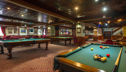 Billiard tables with balls and cues in club