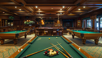 Billiard tables with balls and cues in club