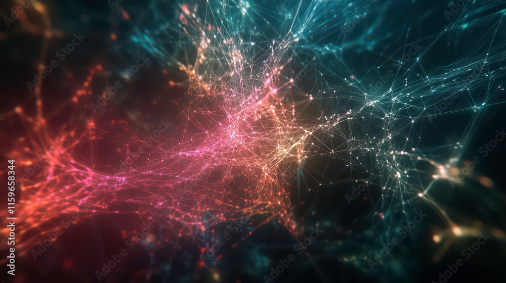 Poster Abstract network connection, glowing nodes and lines, digital technology background.