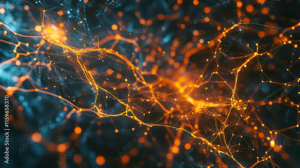 Aufkleber Abstract background with glowing orange and blue interconnected lines and particles.
