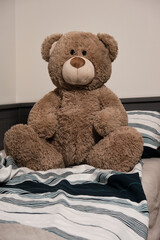 Plush big bear sitting on the bed