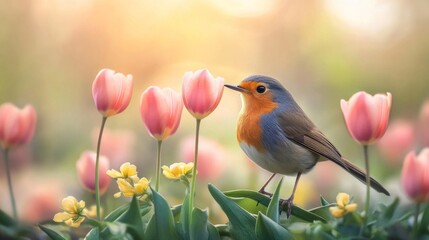 Obraz premium European Robin Perched Among Pink Tulips and Flowers
