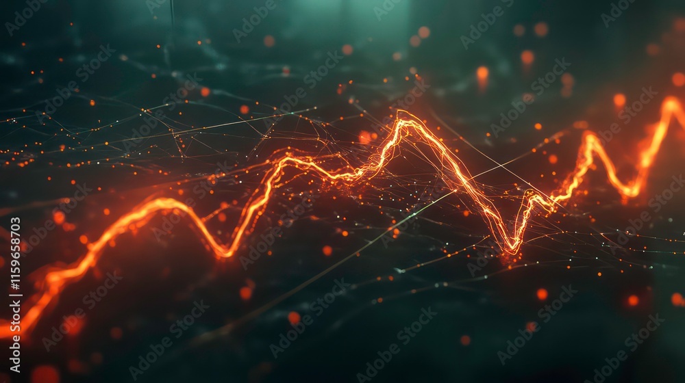Poster abstract glowing orange line graph on dark background.