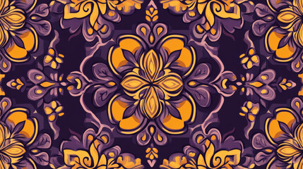 Vector seamless background of tiles decorated with patterns. Stylized flowers, geometric shapes. Purple and yellow abstract tile.