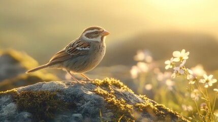 A Small Bird Perched On A Mossy Rock At Sunset
