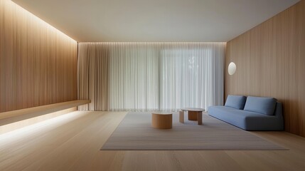Fototapeta premium Minimalist Interior Design in Soft Natural Light with Wooden Accents, Modern Furniture, and Sheer Curtains Creating a Calming Atmosphere Ideal for Contemporary Spaces