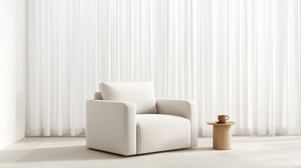 Cozy Minimalist Living Room Featuring White Armchair with Wooden Side Table and Coffee Cup Against Bright Sheer Curtains in Modern Interior Design