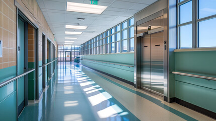 Realistic school corridor interior with windows. Hospital green hallway and closed double elevator. University lobby campus inside design. Indoor building medical area. Passageway with clean floor.