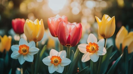 Fototapeta premium Spring blossoms of tulips and daffodils bathed in sunlight