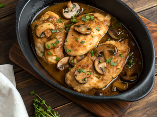 dish consisting of three chicken breasts with mushroom sauce in a black ceramic baking dish. The dish is placed on a wooden table and garnished with fresh herbs.