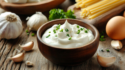 Home-cooked food. Sour cream in a pot, eggs, garlic, yogurt and pasta. Set of products for cooking.
