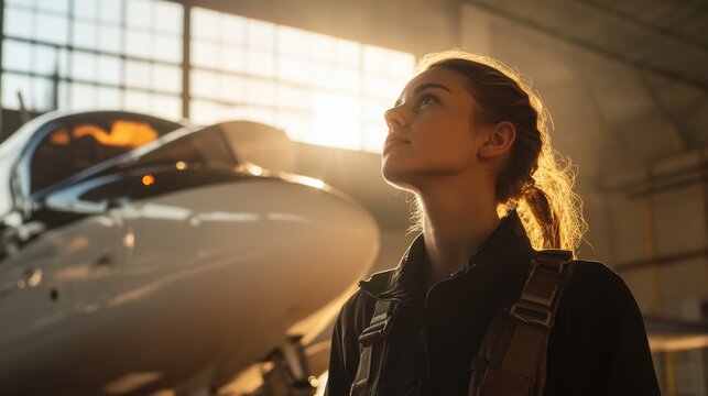 Young Female Pilot Aspiring Dreams Airplane Hangar Sunlight