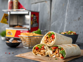 table with three burritos, diced onions, and a bowl of guacamole. In the background, there is a table with a basket of tortilla chips, another bowl of guacamole, and a food warmer.