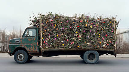 Truck of the particles. The truck carries the branches. Loaded truck consists of dots and circles.