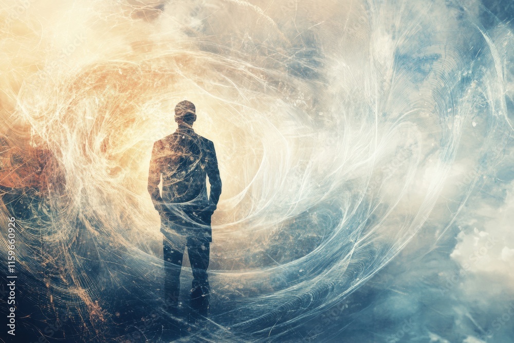 Poster human silhouette surrounded by abstract whirlwind symbolizing loneliness and reflective isolation in