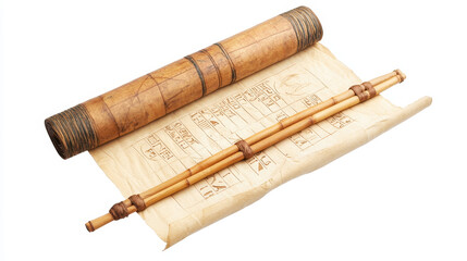 Fototapeta premium Ancient Egypt papyrus scroll with wooden rods cartoon vector illustration. Egyptian culture symbol, blank unfolded ancient paper to store information with wooden sticks, isolated on white background