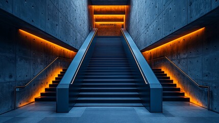 Illuminated Concrete Staircase Ascending Towards Modern Architecture