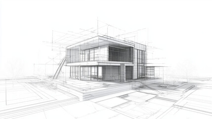 Fototapeta premium Wireframe blueprint drawing of 3D building. Vector architectural template background.
