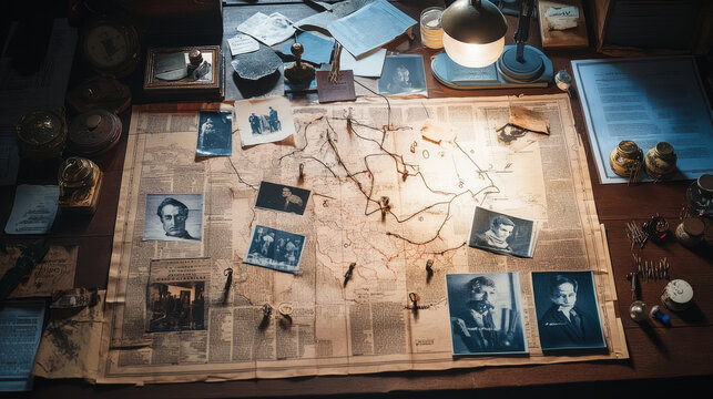 Detective board for crime investigation with evidence, police office. Newspaper cutouts, suspect and victim photos, fingerprints, map, dna test result, pins and strings. Cartoon vector illustration