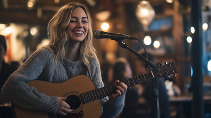 A young woman with blonde hair joyfully sings into a microphone while playing an acoustic guitar on a dimly lit stage. The warm lighting creates a cozy atmosphere.