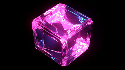 3d holographic prism cube with abstract light. Isometric square cuboid shape in iridescent pink. Futuristic flying geometry polygon object with hologram shine effect illustration. Math texture figure