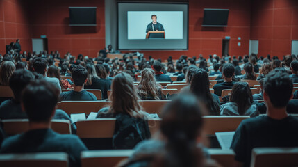 A large audience sits in a lecture hall, attentively watching a presentation projected onto a large screen. The speaker is visible on the screen, and the attendees backs are to the camera.