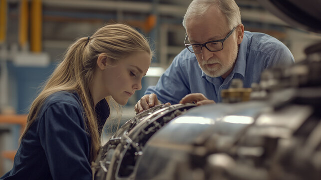 A young female apprentice and an older, experienced male engineer collaborate closely, meticulously inspecting and potentially repairing a complex aircraft engine component within a hangar setting.