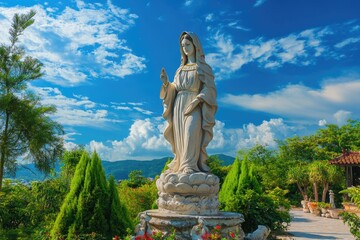 Fototapeta premium Our Lady of Grace: Majestic Virgin Mary Statue Beneath a Vivid Sky and Colorful Abstract Background in Thailand