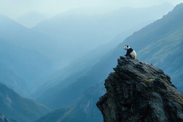 Solitary panda overlooking majestic valley with cinematic lighting