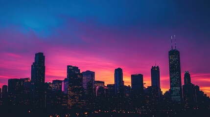 Fototapeta premium Vibrant sunset paints Chicago skyline with stunning purple and orange hues, capturing the beauty of twilight hours