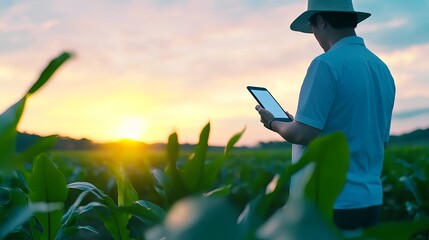 A farmer using both a tablet and smartphone for data analysis in agriculture with a morning sunlit background and futuristic icons
