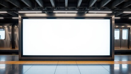 Subway platform with a blank advertising board and clean white background for customized promotions.