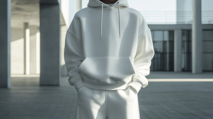 Hoody, white sweatshirt mock up front side back view set. Isolated hoodie with long sleeves, kangaroo muff pocket and drawstrings. Sport, casual or urban clothing fashion, Realistic 3d vector mockup