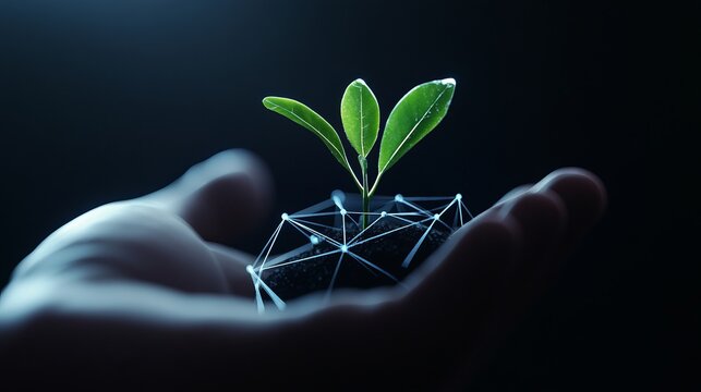 A lowpolygon young plant sprout in the palm of a hand representing futuristic agriculture and ecological technology concepts