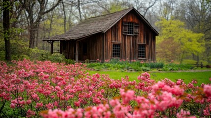 Rustic Wooden Cabin Amidst Blooming Pink Flowers