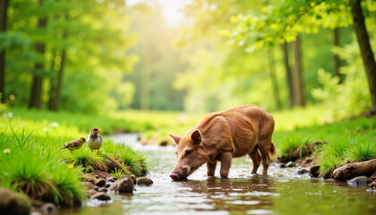 Wild boar drinking from forest stream in lush greenery, natural tranquility