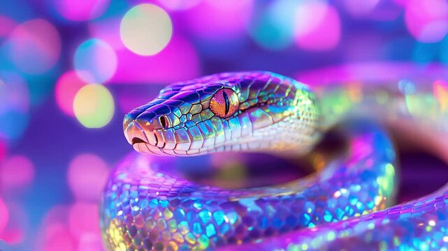 Colorful neon snake is coiled, scales shimmering against blue and pink bokeh background close-up, beautiful python. Chinese new year 2025 symbol