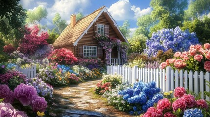 A Charming Log Cabin Nestled In A Vibrant Flower Garden - obrazy, fototapety, plakaty