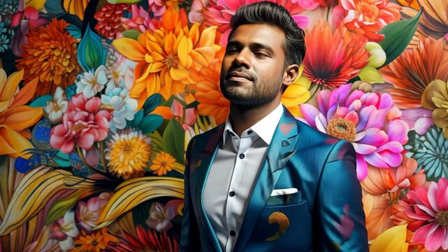 A man in a business suit stands against a floral wall. Spring fashion sales theme.