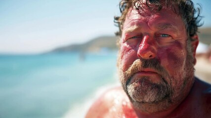 Middle-aged fat Caucasian man with a severe sunburn on red face looking with a funny grumpy and painful expression, close-up slow motion. Sun UV protection on the beach vacation in Summer.