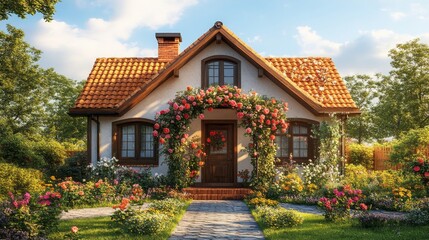 Fototapeta premium Charming Cottage Home With Beautiful Rose Archway