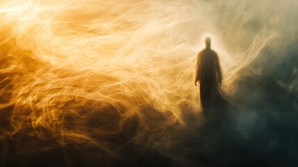 Obraz premium Mysterious Figure in Golden Smoke Spiritual, Ethereal, Transcendent, Dreamlike, Ghostly, Otherworldl