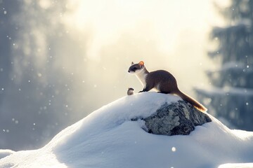 Weasel hunting mouse in snowy landscape with dramatic lighting